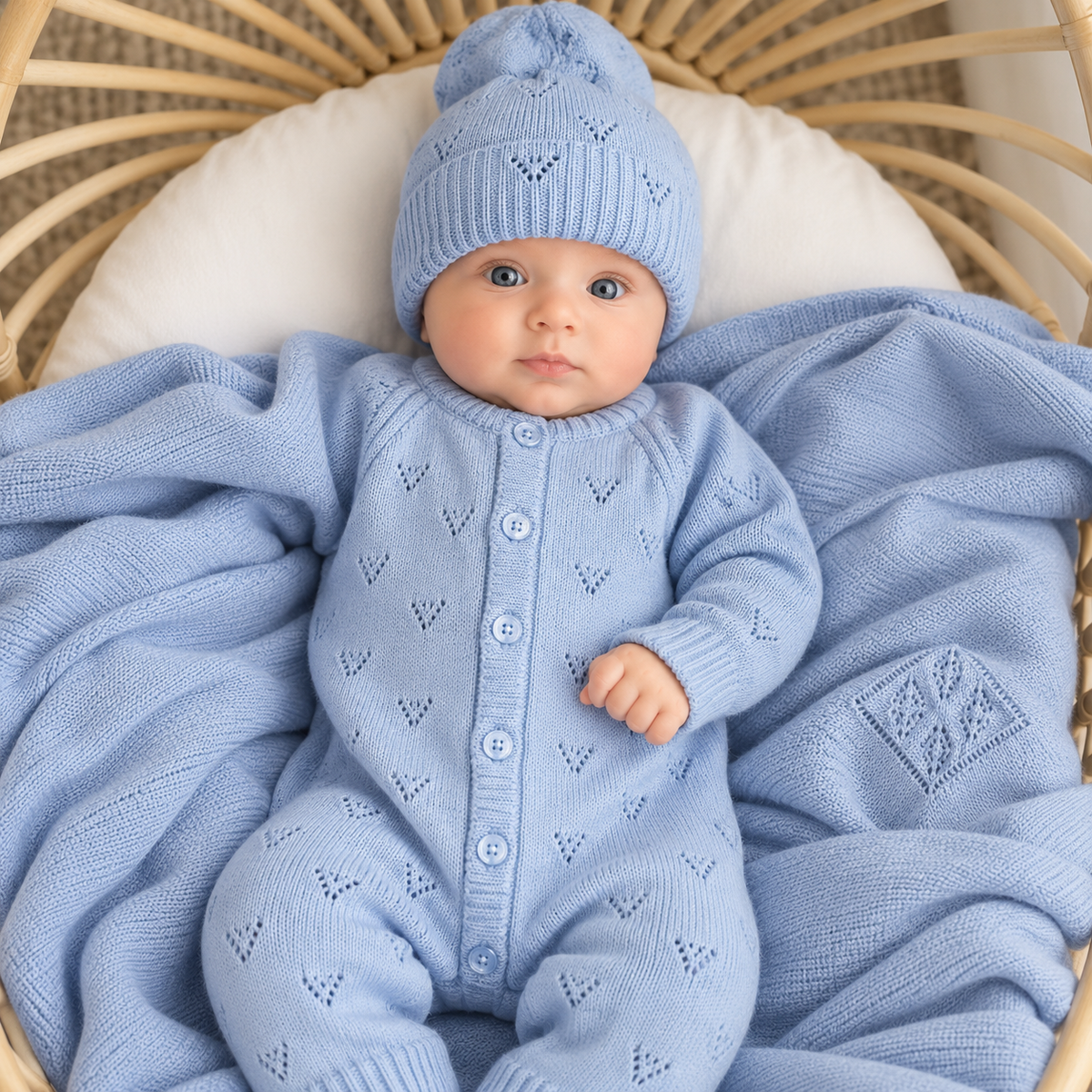 Baby wearing the Blue pointelle knit footed romper and matching pom-pom cap, posed on a Blue knitted blanket with heart openwork motifs.