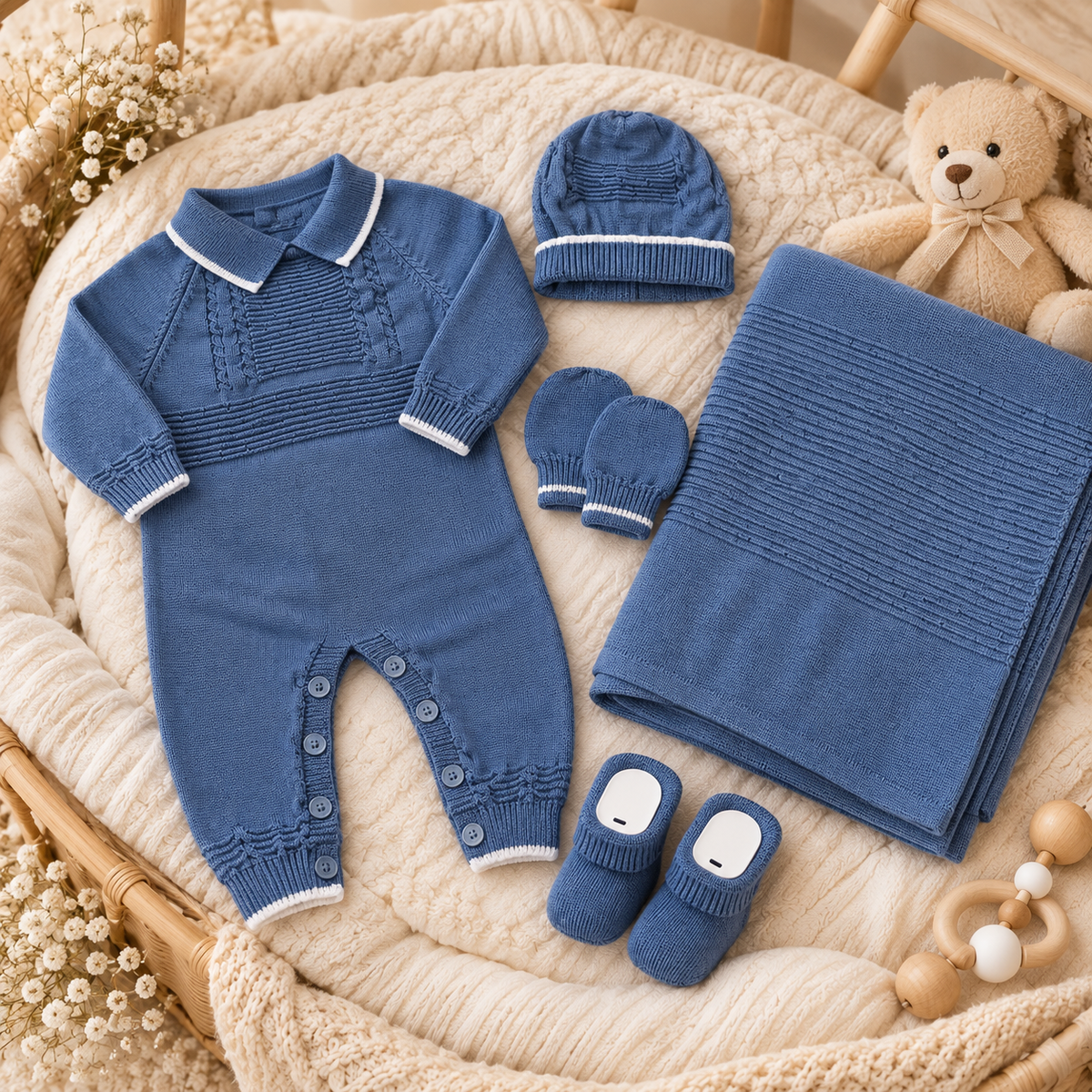 Blue baby knit 5-piece starter set shown flat in a wicker bassinet, highlighting the footed romper with inner-leg buttons and matching textured blanket.