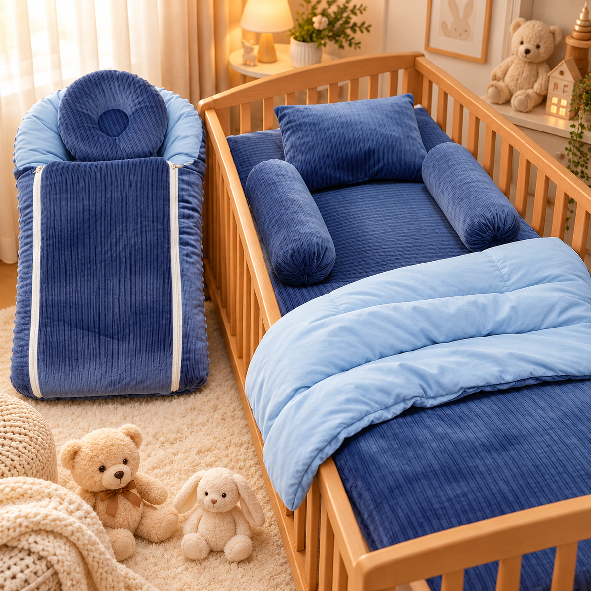 Deep Blue ribbed velvet baby 7-piece cot bedding set featuring a Light Blue quilt, matching pillow and bolsters, plus upright padded carry-nest-style piece.