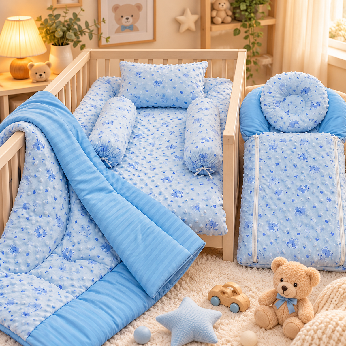 Blue floral premium baby 7-piece bed set shown in a nursery cot and folded display, featuring a Blue reverse quilt, matching pillow, bolsters and round cushion.
