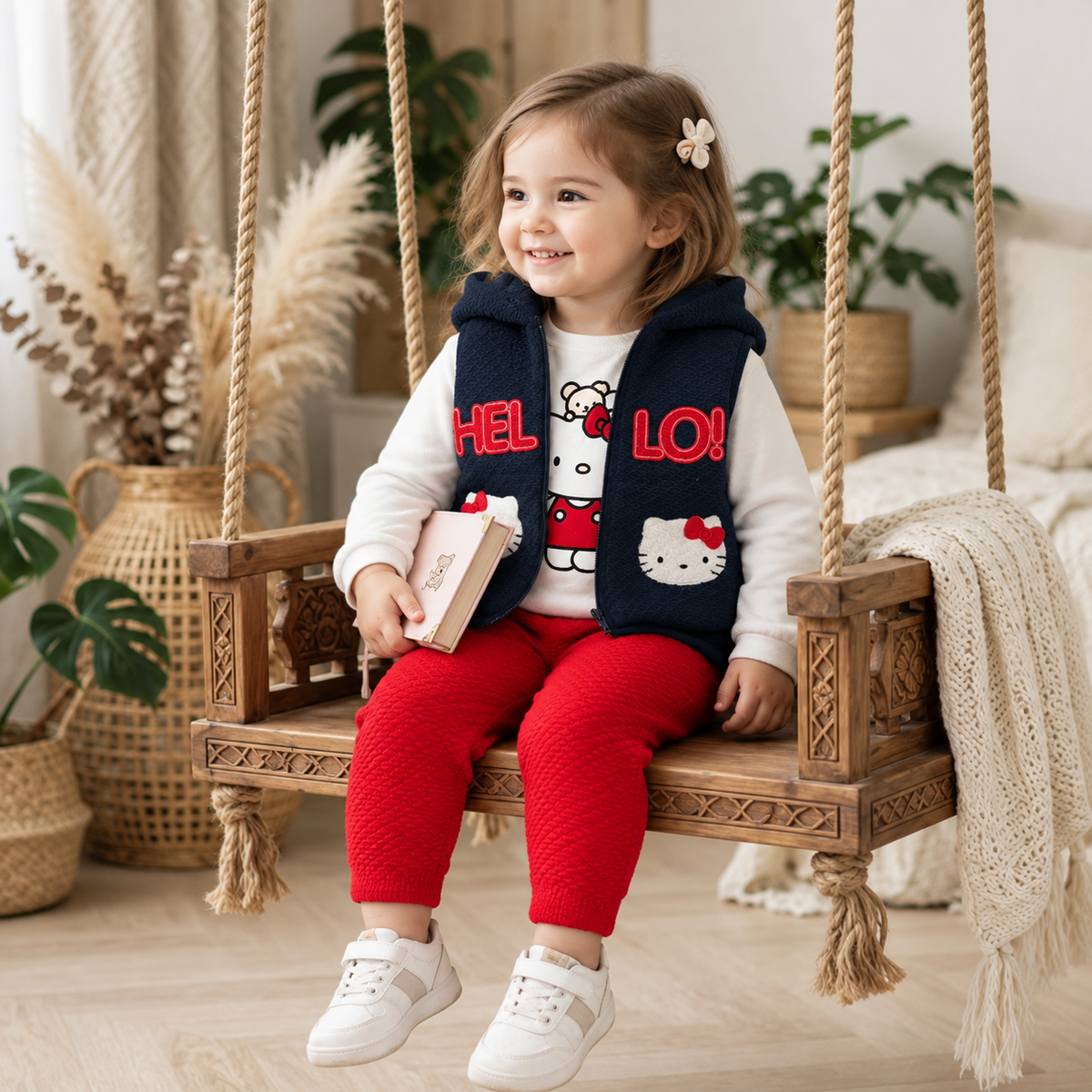 Toddler girl wearing a Navy Blue quilted hooded kitty waistcoat, White character-print shirt and textured Red trousers while seated on a wooden swing.