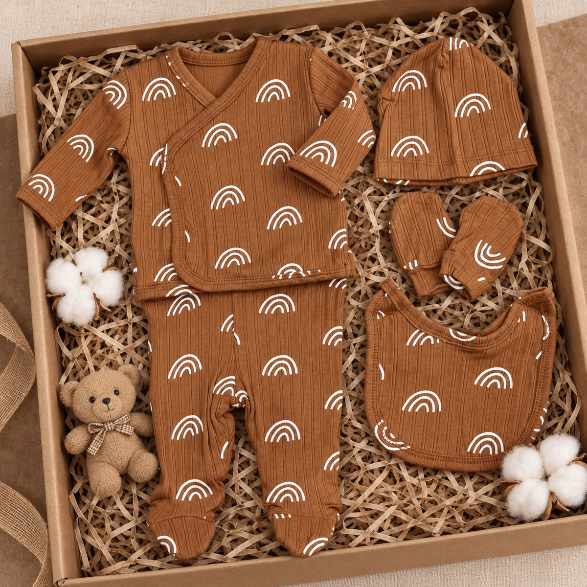 Caramel Brown ribbed-look baby 5-piece starter gift set displayed in a kraft box, featuring White rainbow-print wrap top, footed trousers, cap, mittens and matching bib.