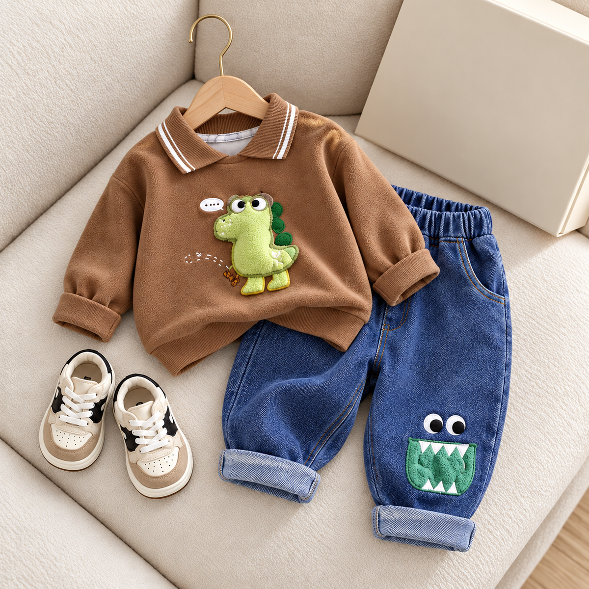 Brown boys collared dinosaur applique sweatshirt with Blue denim-look monster patch trousers displayed as a flat lay on a cream sofa.