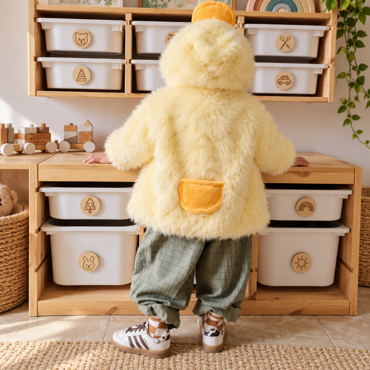 Rear view of a child wearing the Yellow plush duck hooded jacket, showing the fluffy back, character hood and raised Orange tail-style detail.