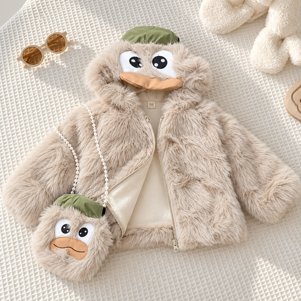 Brown plush duck-face hooded kids jacket displayed flat on a textured Cream surface, with the zip front open to show its light Cream lining.