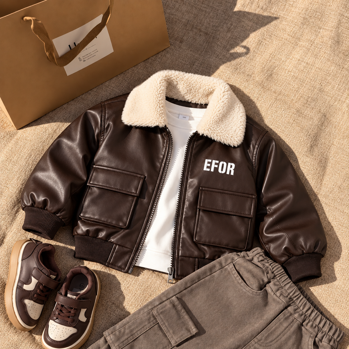 Brown boys leather-look jacket in a warm flat lay, featuring a Cream sherpa-look collar, EFOR chest print, zip front and large flap pockets.