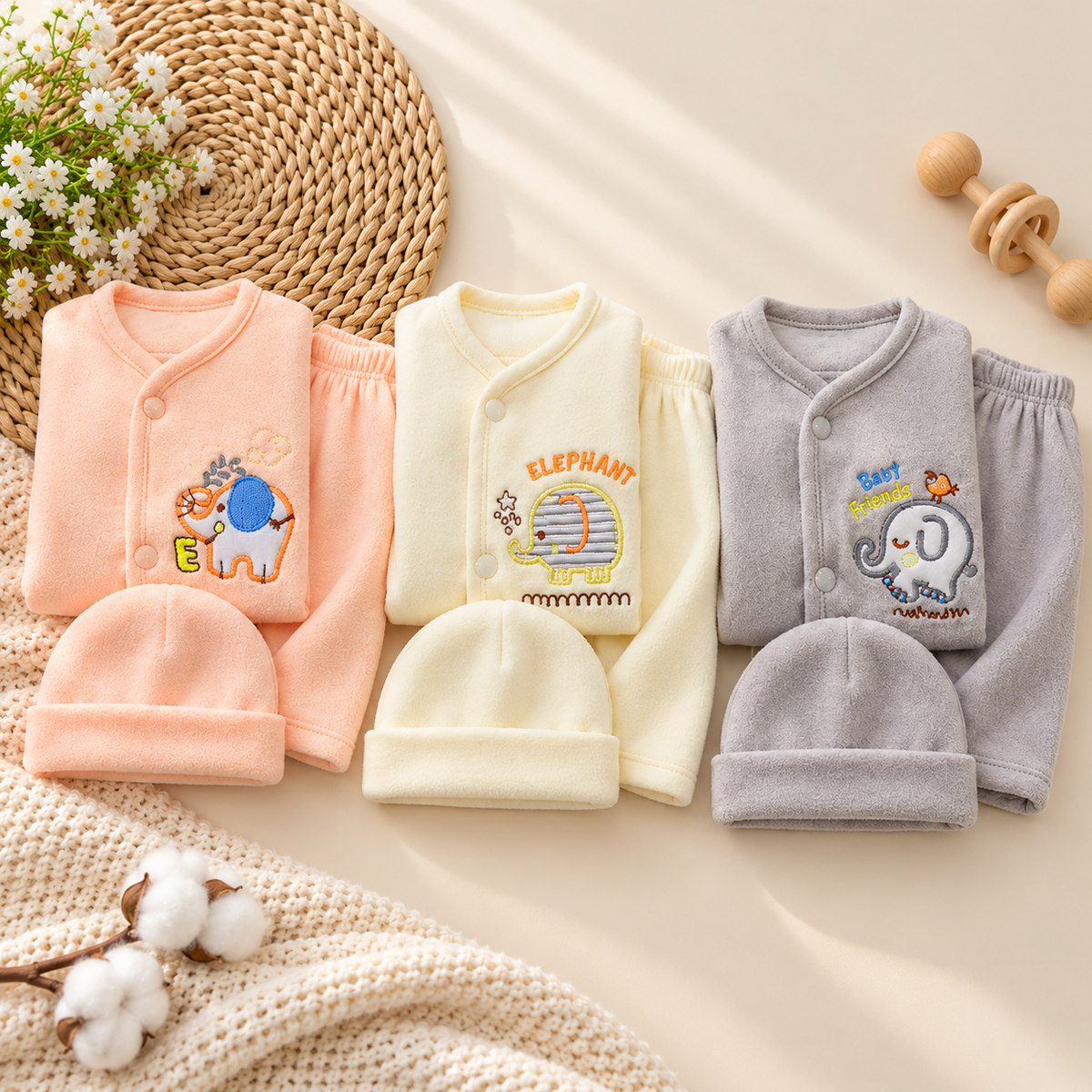 Three newborn fleece-look 3-piece suits in Peach, Cream and Grey, each arranged with a wrap-style popper shirt, matching trousers and folded-brim cap; shirts show elephant embroidery.