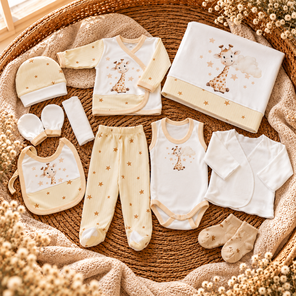Skin and Cream giraffe star-print baby 10-piece starter set flat lay, showing wrap shirt, footed trouser, bodysuit, bib, cap, mittens, socks and matching blanket.