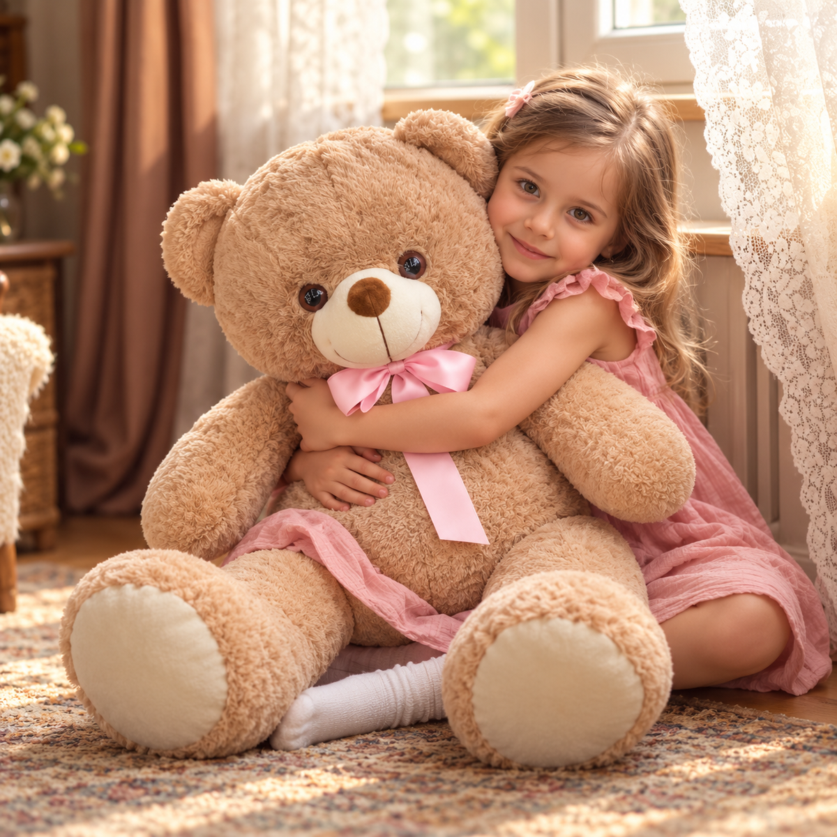 Little girl in a Pink dress hugging a large Brown fluffy teddy bear with a Pink ribbon bow and Cream foot pads.