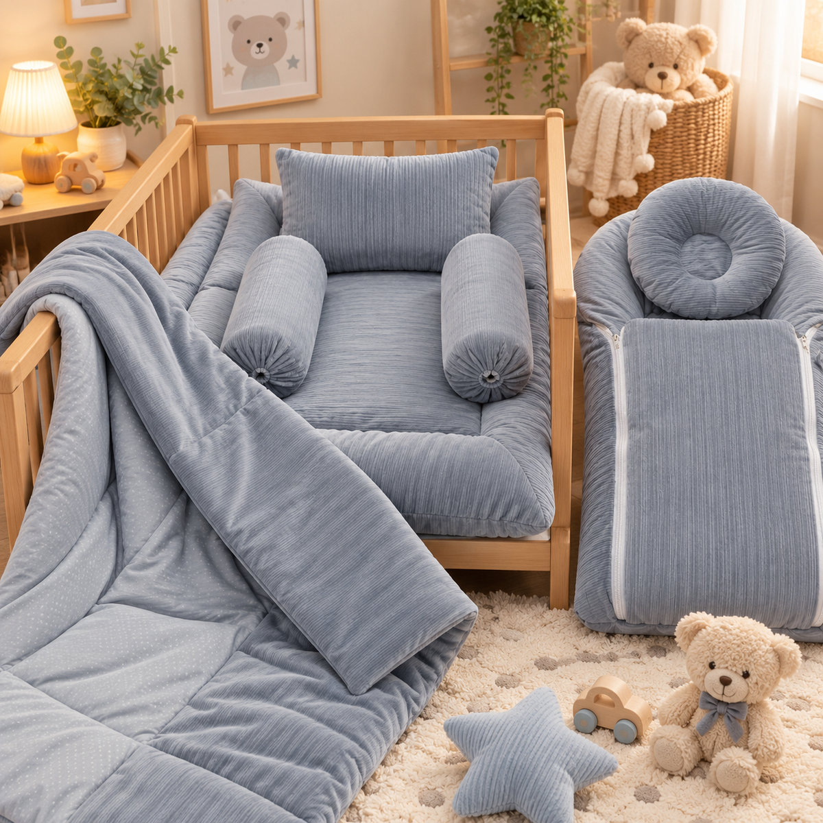 Grey-Blue ribbed velvet baby 7-piece bedding set displayed in a wooden cot, with matching bolsters, rectangular pillow, quilt and upright padded carry nest.