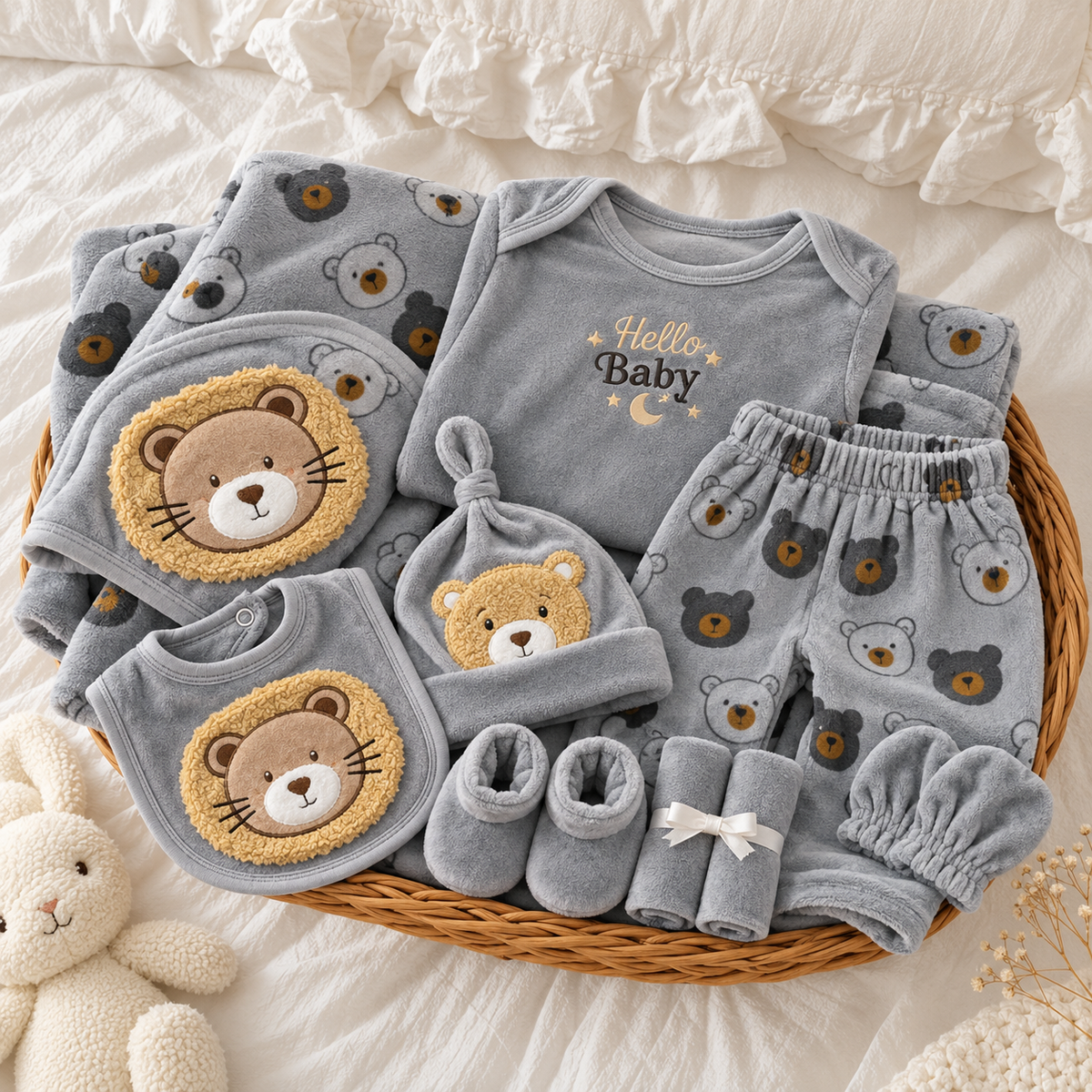 Grey baby velvet starter gift set basket presentation with bear-face printed wrap pieces, raised animal-face applique bib, booties, mittens and rolled socks.