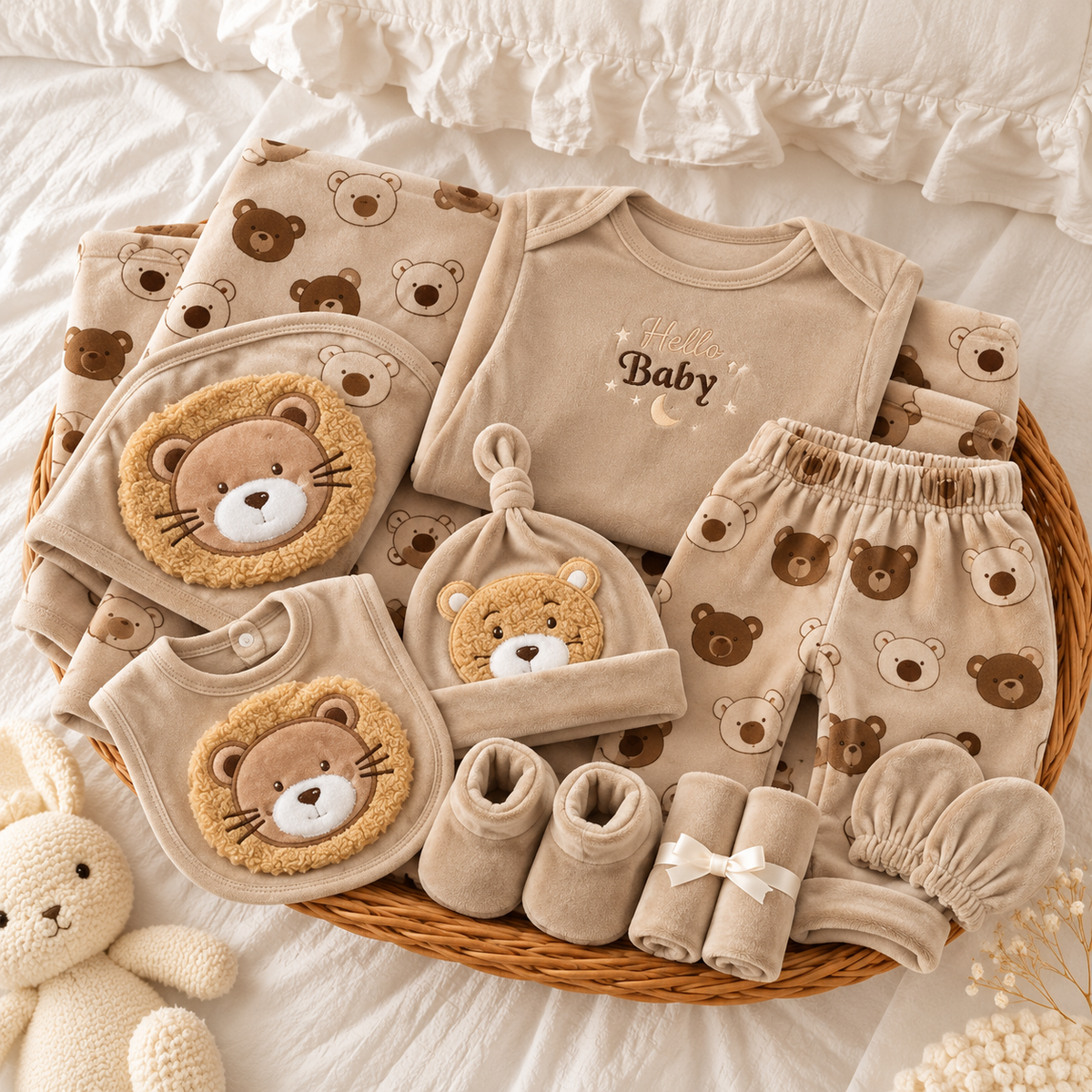 Beige and Brown bear-print velvet-look 11-piece baby starter set arranged in a wicker basket, with Hello Baby bodysuit, elastic-waist trousers, bib, knotted cap, booties and mittens.
