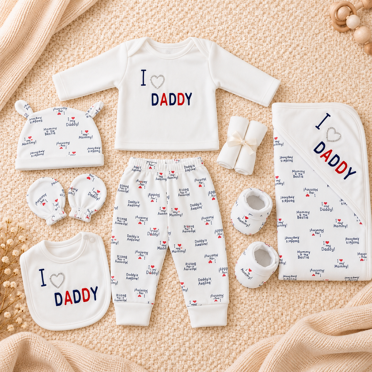 White newborn I Love Daddy 11-piece layette set flat lay with navy and red slogan shirt, family-print trousers, ear-detail cap, bib, mittens, booties and matching wrap.