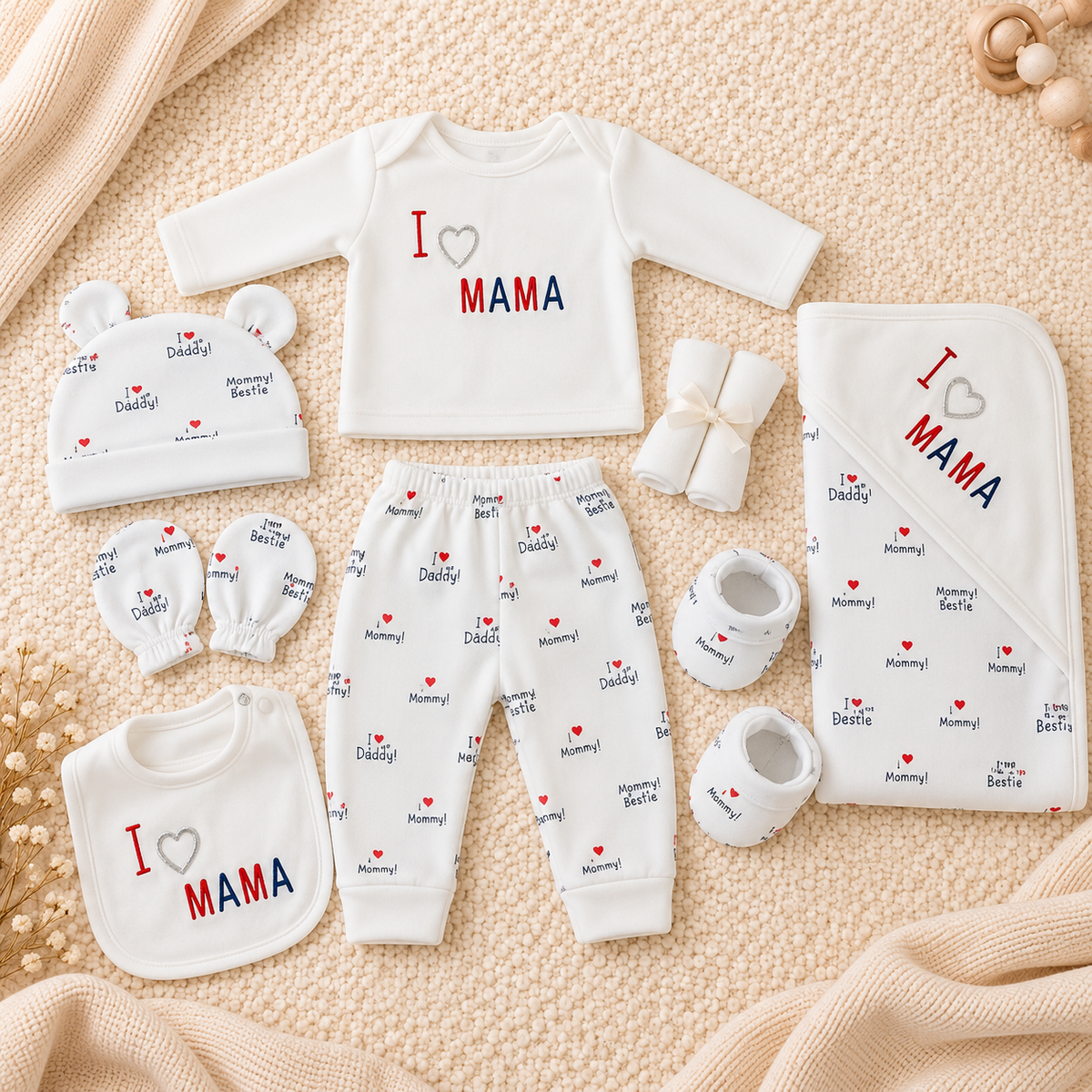 White newborn I Love Mama 11-piece layette set flat lay with red and navy slogan shirt, family-print trousers, ear-detail cap, bib, mittens, booties and matching wrap.