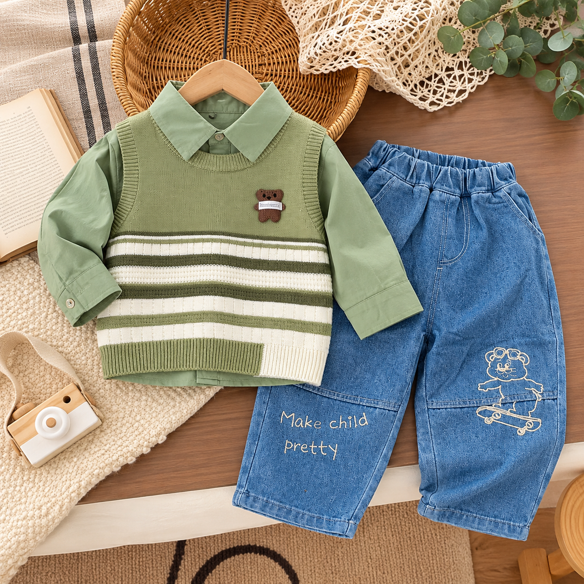 Olive Green boys three-piece suit flat lay with collared shirt, striped bear-patch knit vest and Blue denim-look trousers with bear skateboard artwork.