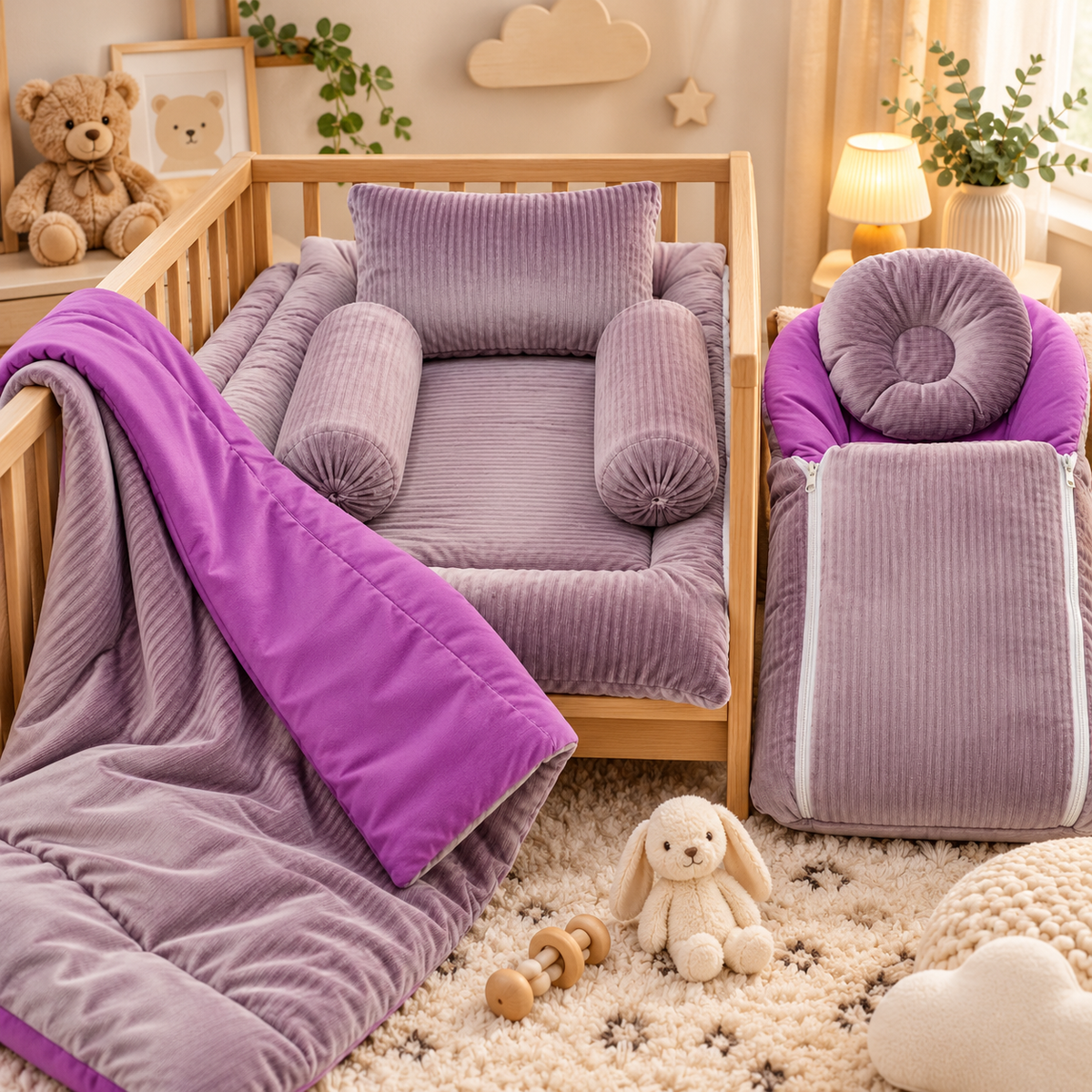 Lavender ribbed velvet baby bedding set with two cylindrical bolsters, rectangular pillow, round donut cushion and Purple-reverse quilt in nursery display.