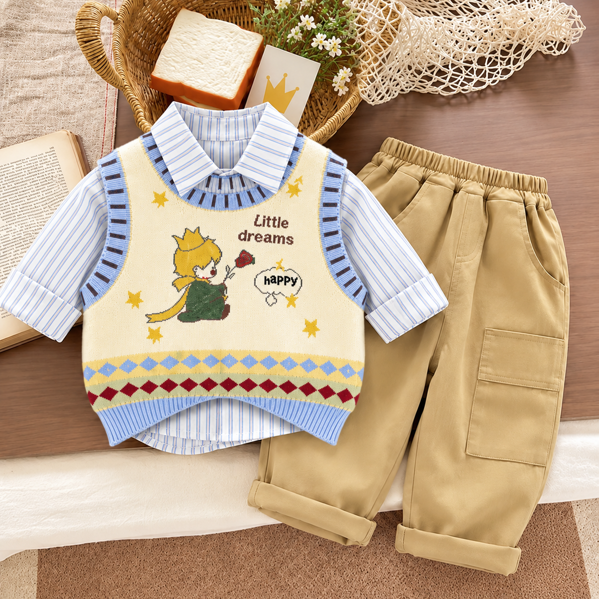 Blue-trim Little Dreams fox knit-look vest with striped collared shirt and Khaki cargo trousers shown in a styled flat lay.
