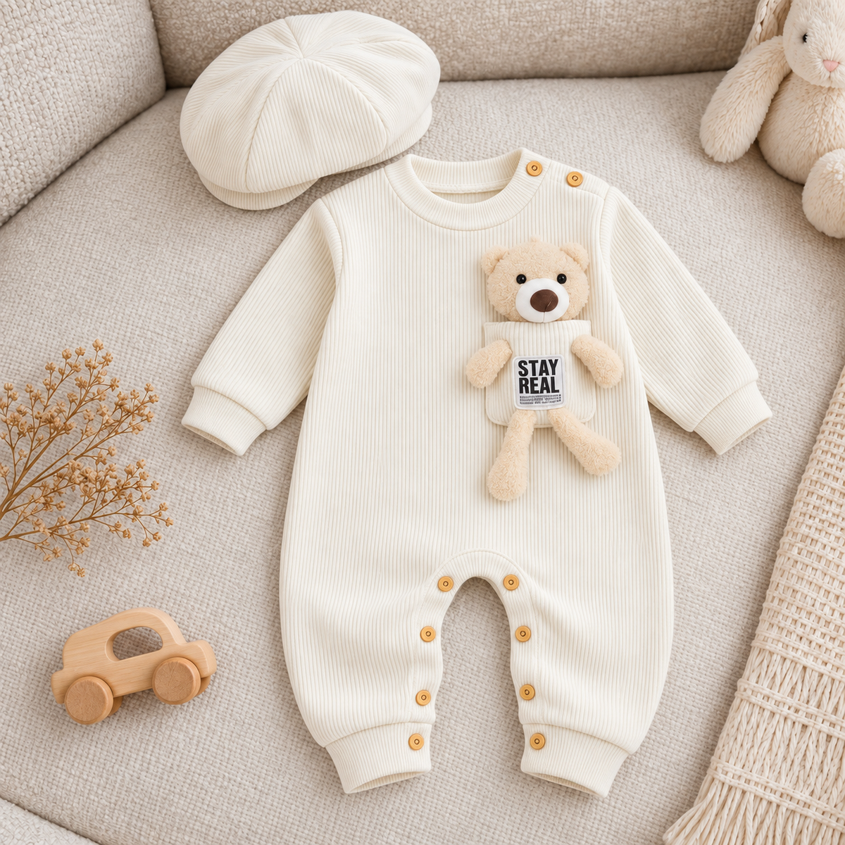 Cream ribbed long-sleeve baby romper with matching beret-style cap, shoulder buttons, snap leg opening and Stay Real teddy bear applique displayed on a sofa.