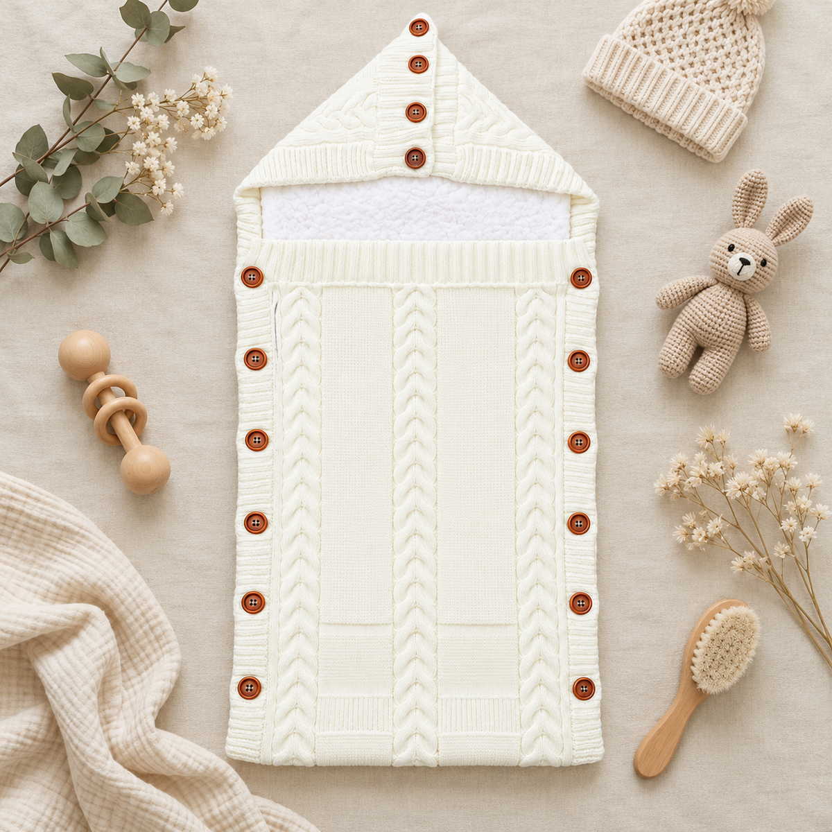 Flat lay of the Cream cable-knit hooded baby swaddle with soft White lining, pointed buttoned hood and Brown buttons along both sides.
