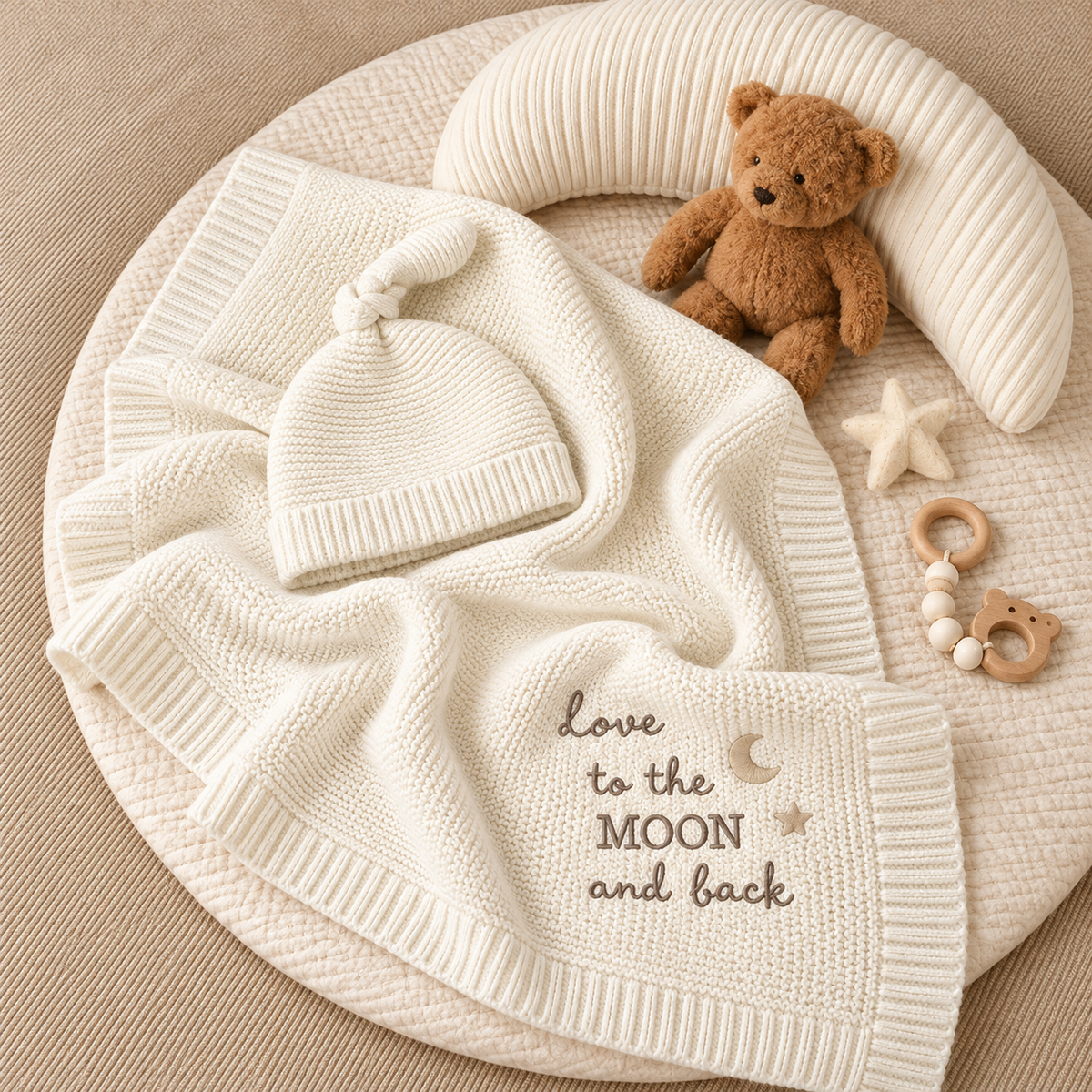 White textured baby wrapping shawl and matching knotted cap displayed on a neutral nursery mat, featuring love to the MOON and back wording with moon and star details.
