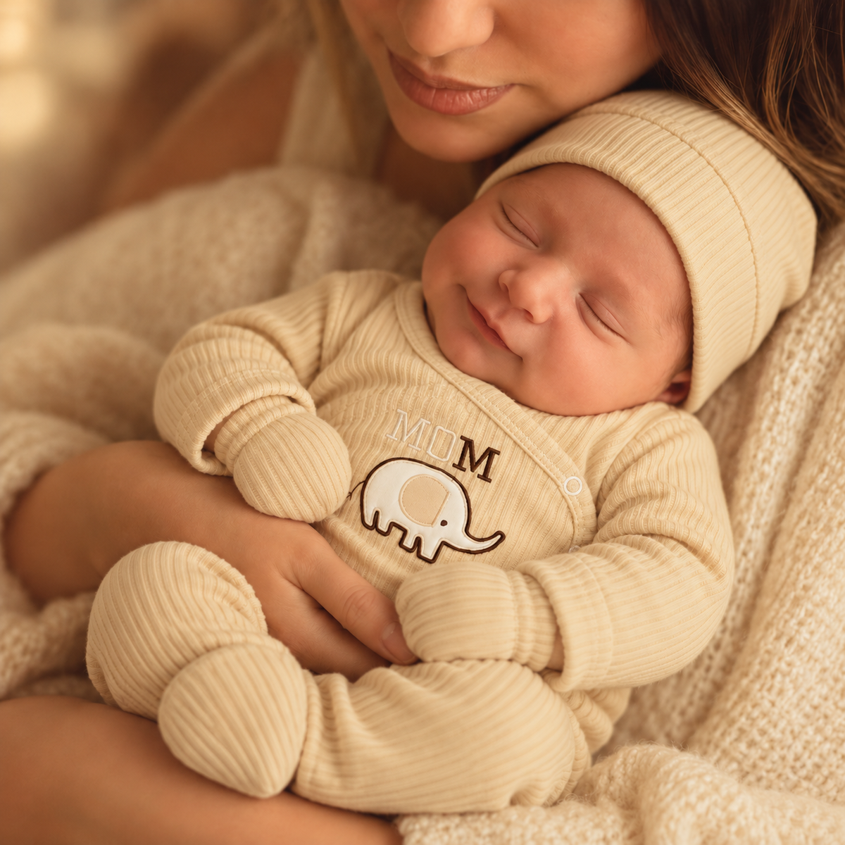 Newborn wearing the Beige ribbed elephant Mom starter set, including wrap-front top, footed trousers, mittens and cap, while resting in an adult's arms.