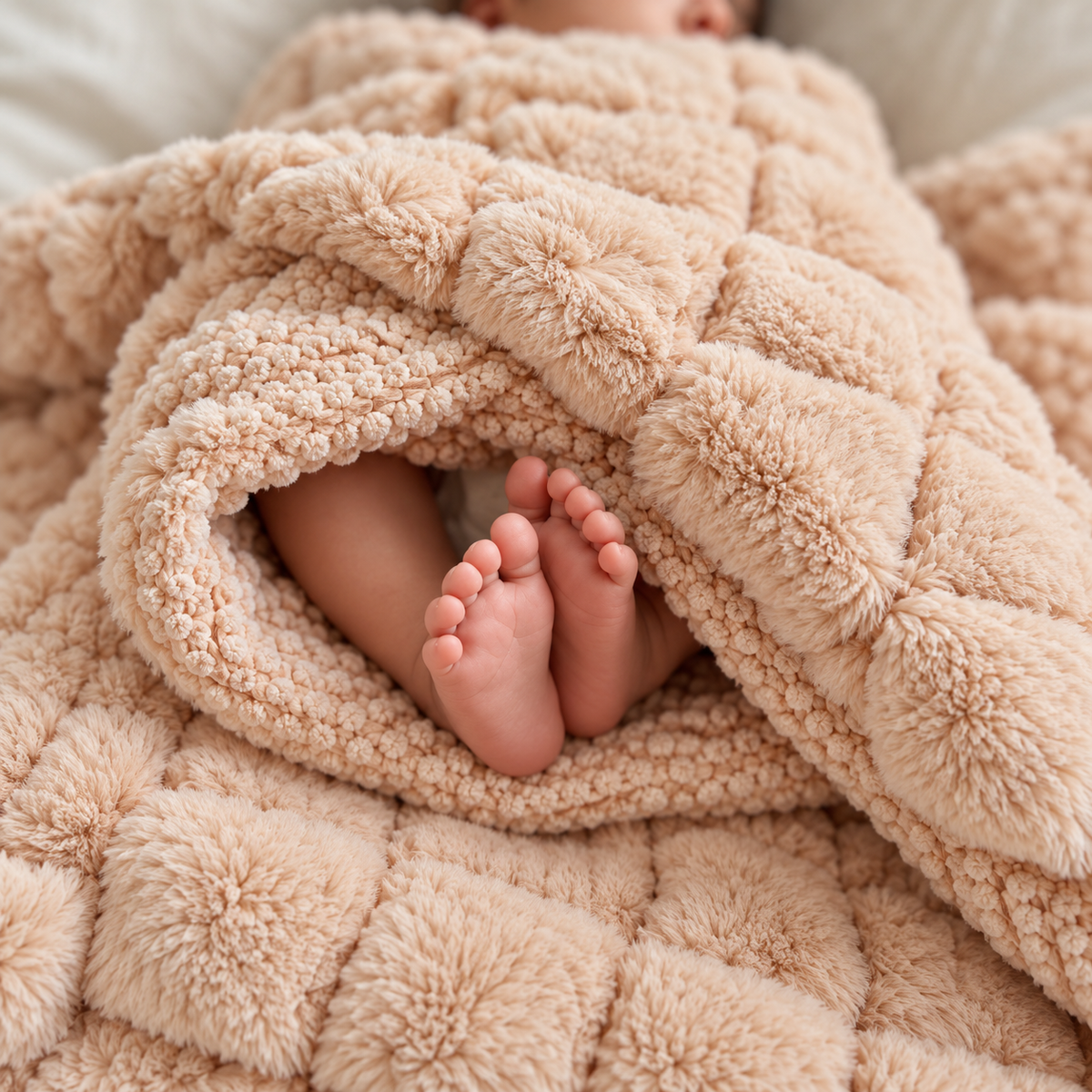 Baby feet wrapped inside the Brown fluffy soft blanket, showing the thick plush-look outer and contrasting textured cosy inner lining.