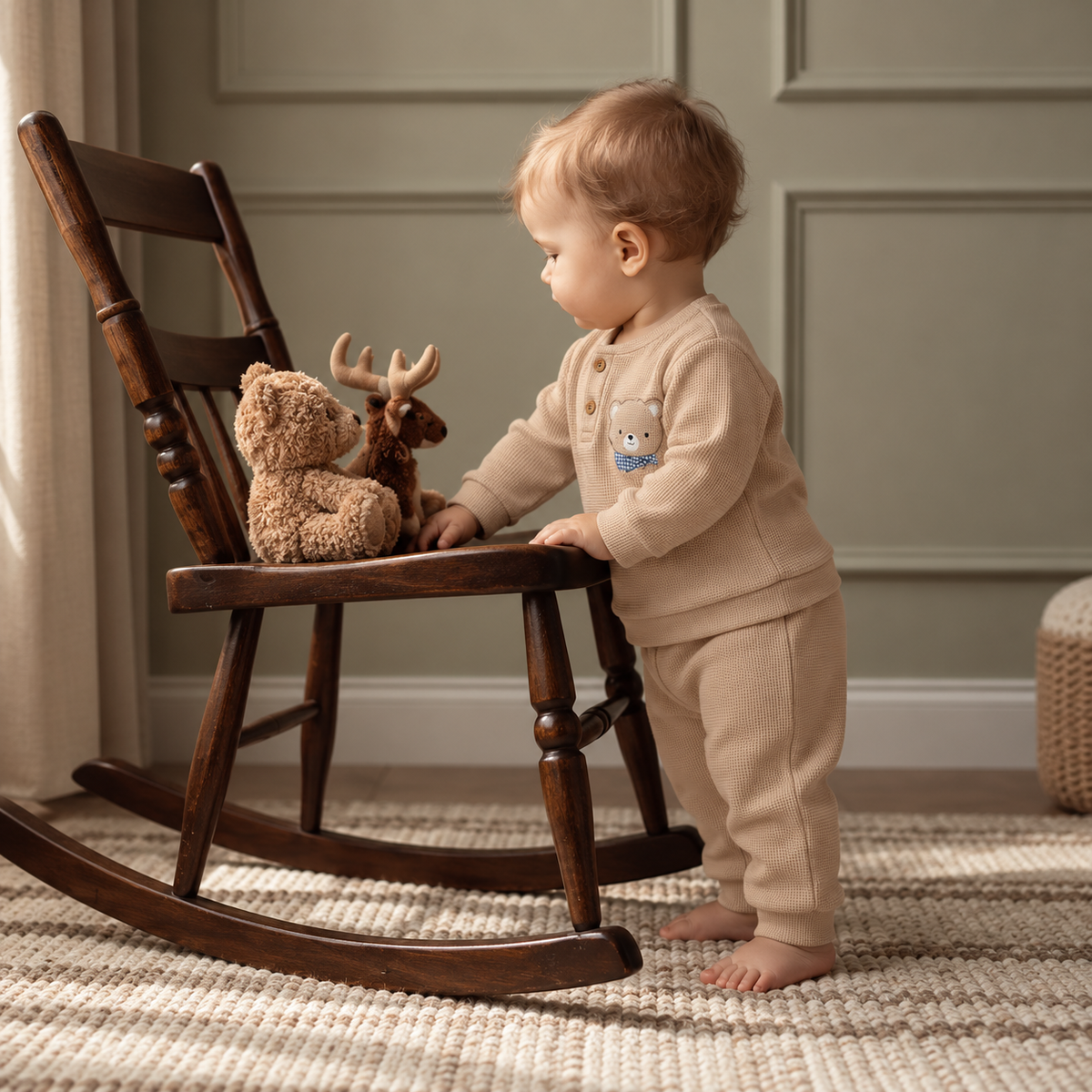 Toddler wearing the Brown textured two-piece suit beside a wooden rocking chair, showing the button Henley top and bear chest patch.