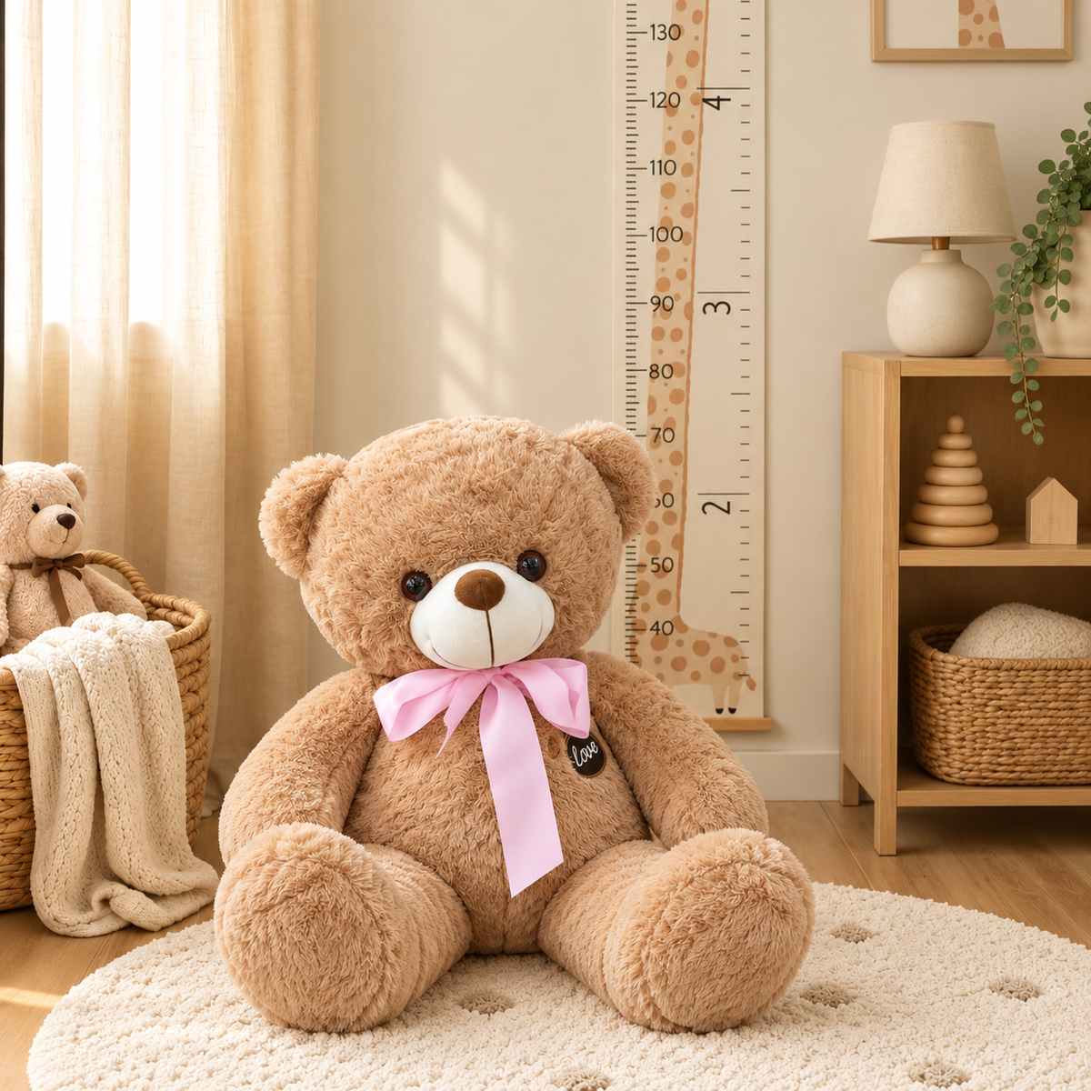 Brown soft teddy bear with a Pink ribbon bow and Love heart badge shown seated beside a height-scale wall display.