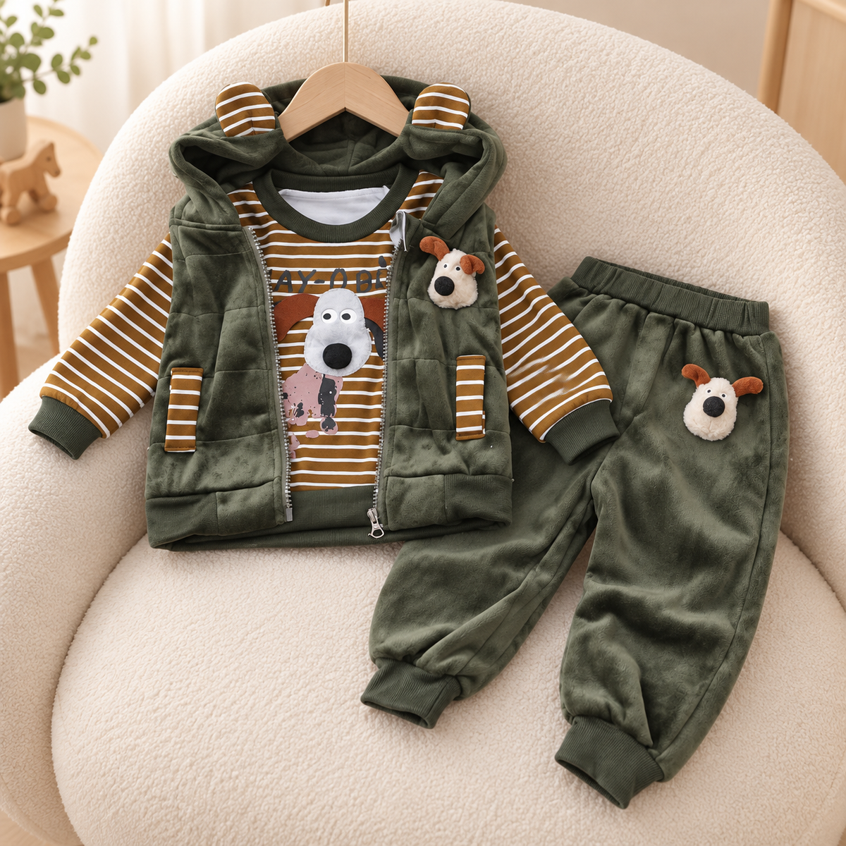 Dark Olive Green kids 3-piece velvet suit displayed on a cream chair, featuring a dog-ear hooded zip waistcoat, striped dog-print shirt and matching dog-applique cuffed trousers.