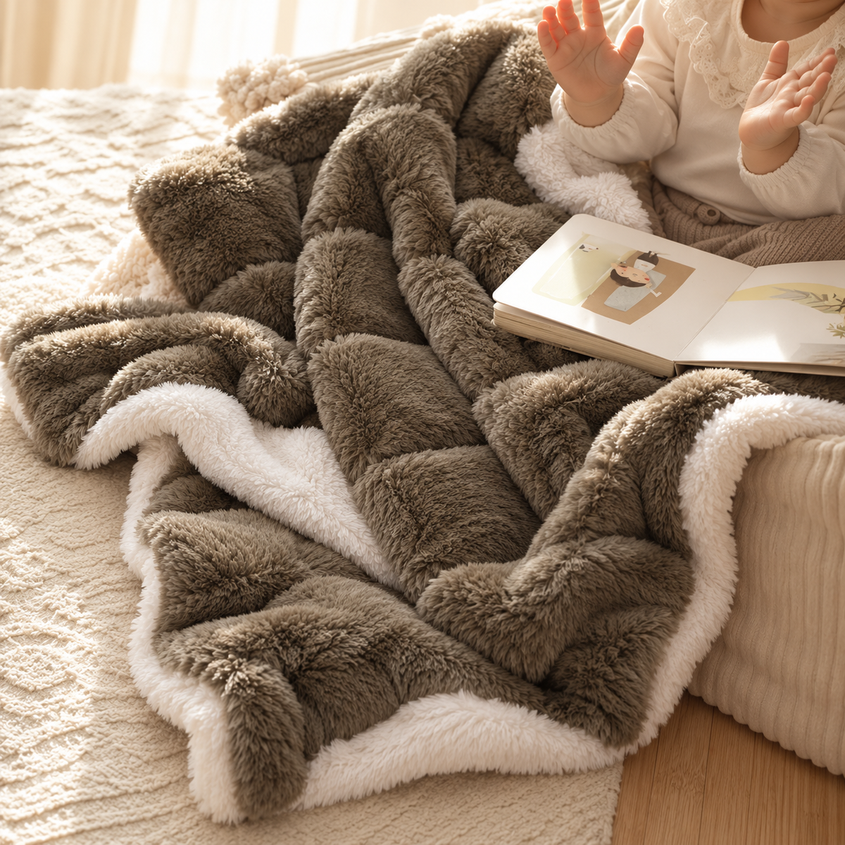 Olive Green fluffy baby blanket spread beside a child reading a book, showing the thick textured surface and contrasting Cream lining.