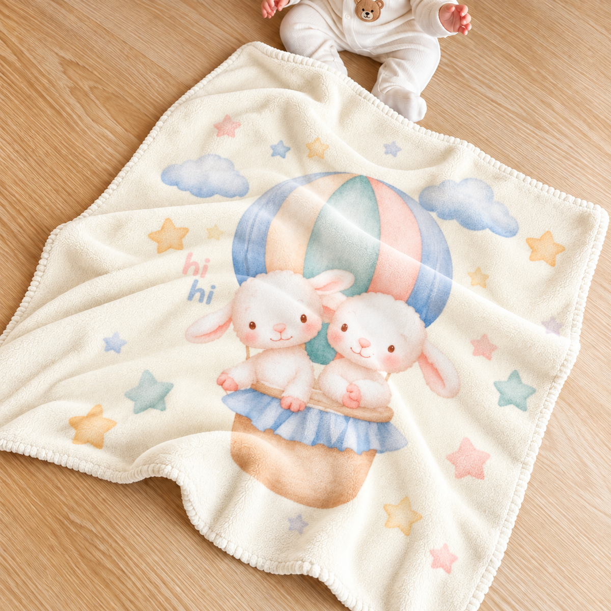 Light Yellow plush baby blanket spread on a wooden floor, featuring two lamb characters in a pastel hot-air balloon basket with clouds and stars.