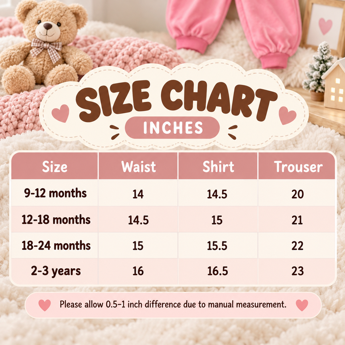 Kids velvet 3pc suit size chart in inches for 9-12 months through 2-3 years, showing waist, shirt and trouser measurements.