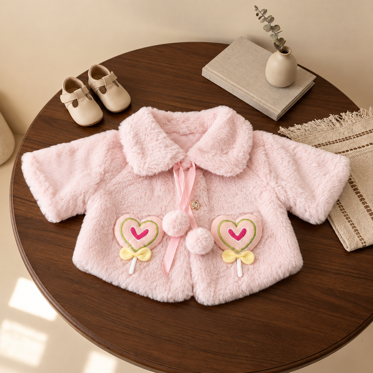 Pink girls shaggy jacket flat lay on a wooden table, with a soft plush look, rounded collar, Pink pom pom ribbon and colourful heart lollipop details.