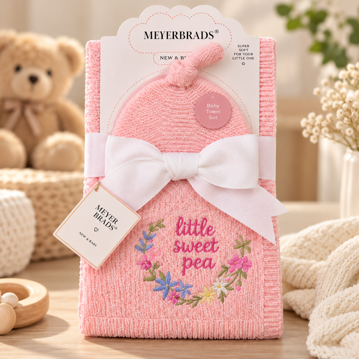 Pink little sweet pea baby wrap and knotted cap gift-style set shown folded with a large White ribbon, floral embroidery-style wording and branded presentation card.