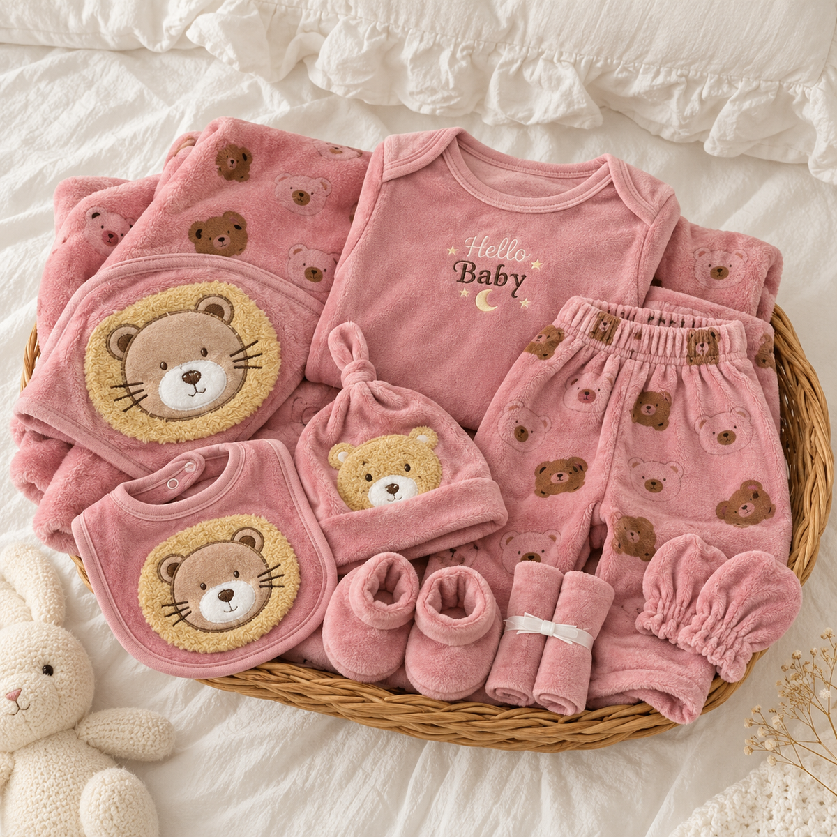 Pink bear-print velvet-look baby starter set displayed in a wicker basket with Pink Hello Baby bodysuit, printed trousers, matching knotted cap, animal-face bib and booties.