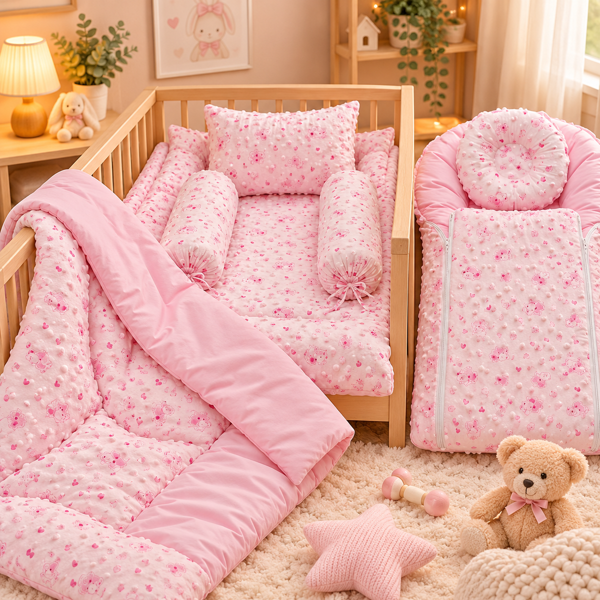 Pink floral premium baby 7-piece bed set displayed in a wooden cot, with a padded quilt, rectangular pillow, two bow-end bolsters and round gathered cushion.