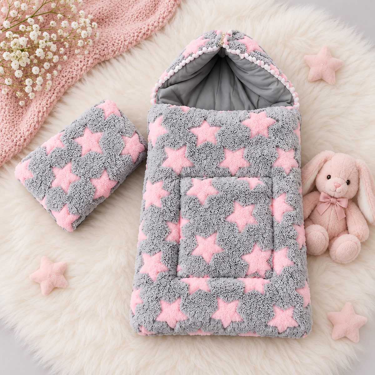 Grey shaggy baby carry nest with raised Pink stars, matching star-print pillow and open Grey hood, styled on a fluffy White surface.