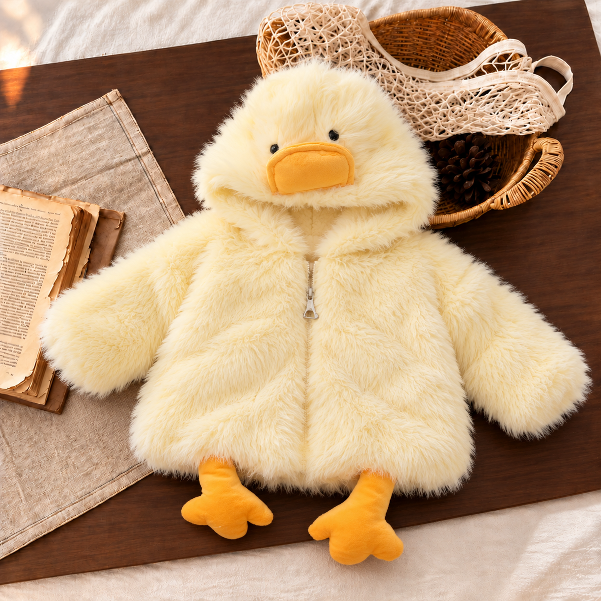 Yellow fluffy plush-look kids duck hooded jacket laid flat, showing the embroidered eyes, raised Orange bill, zip front and attached duck-foot details.