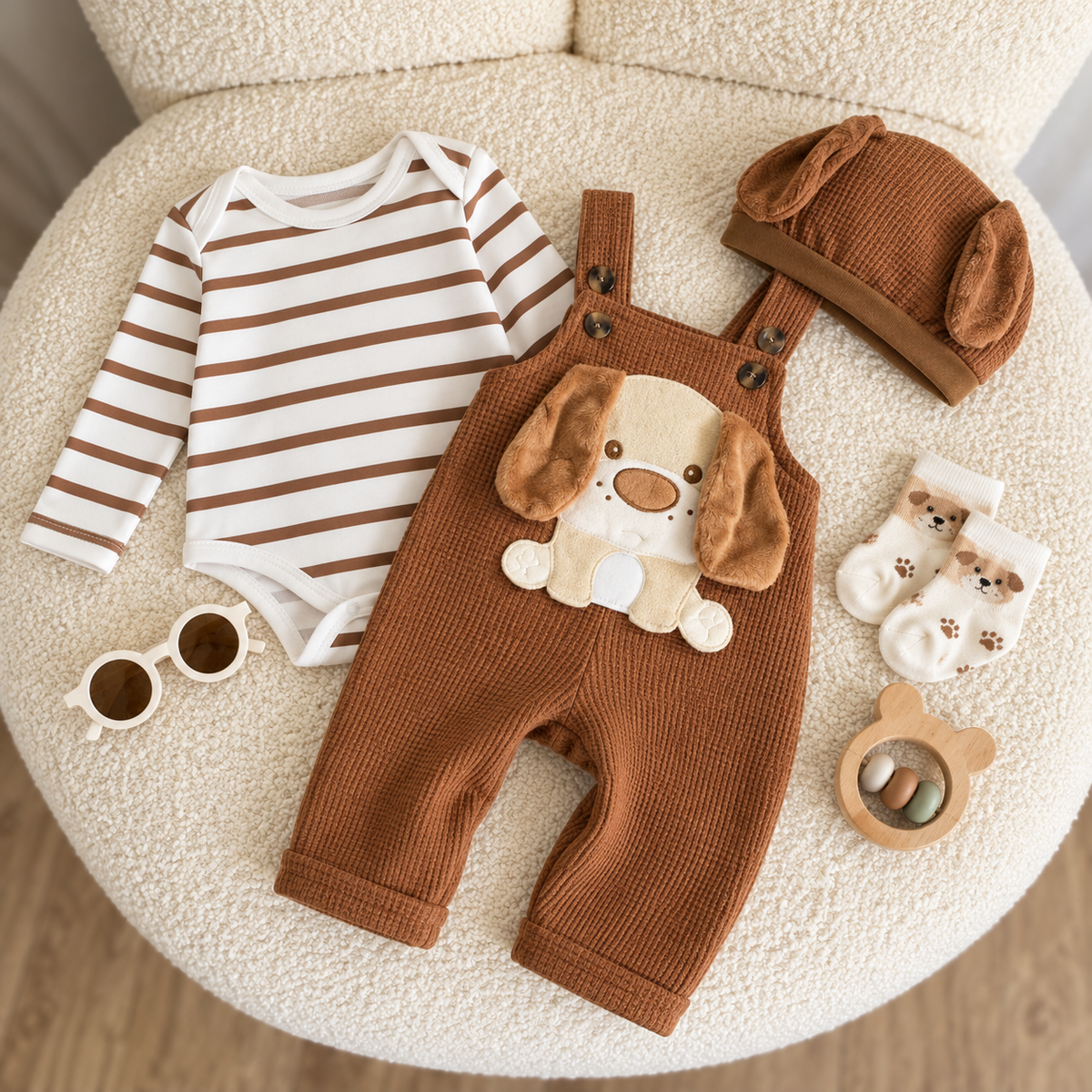 Brown ribbed-look baby dungaree set displayed on a cream chair, with a striped white body suit, puppy applique overalls and floppy-ear cap.