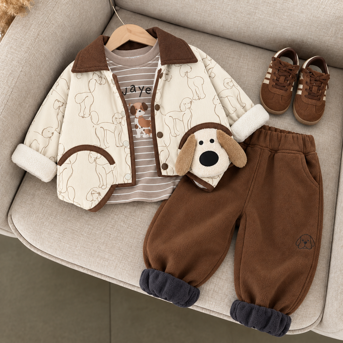Cream puppy-outline print boys jacket suit flat lay on a sofa, showing the Brown collar, floppy-ear dog pocket applique, striped shirt and Brown cuffed trousers.