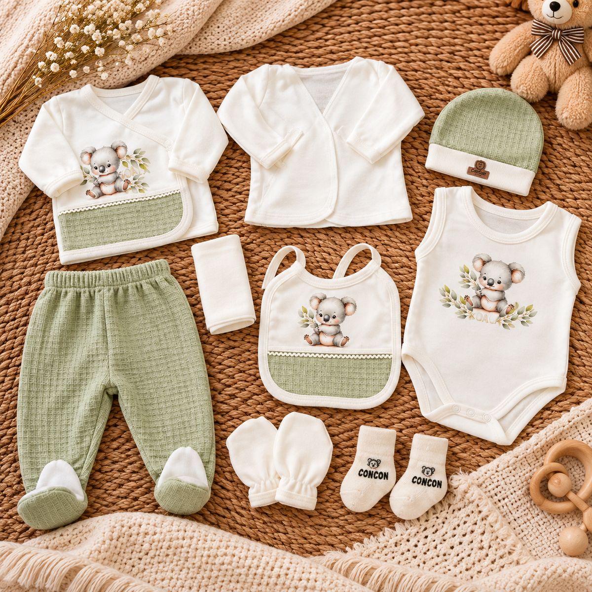 Light Green koala baby 10-piece starter set flat lay with wrap shirts, koala bodysuit and bib, footed trousers, cap, mittens and CONCON-detail socks.
