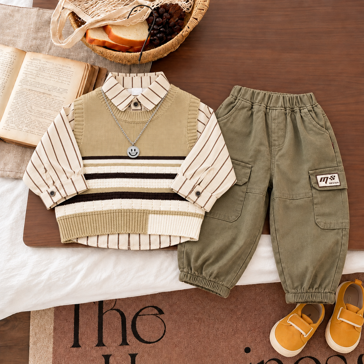 Flat lay of boys Olive Green and Cream striped knit-look vest layered over a pinstriped collared shirt with Olive Green cargo trousers and mustard shoes.