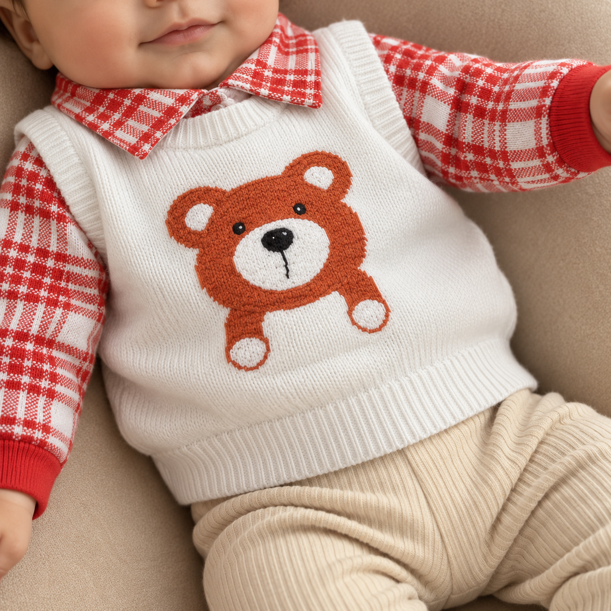 Baby wearing the Orange and Cream bear check collar knit-look sweater, showing the pointed check collar, teddy bear front applique and ribbed hem.