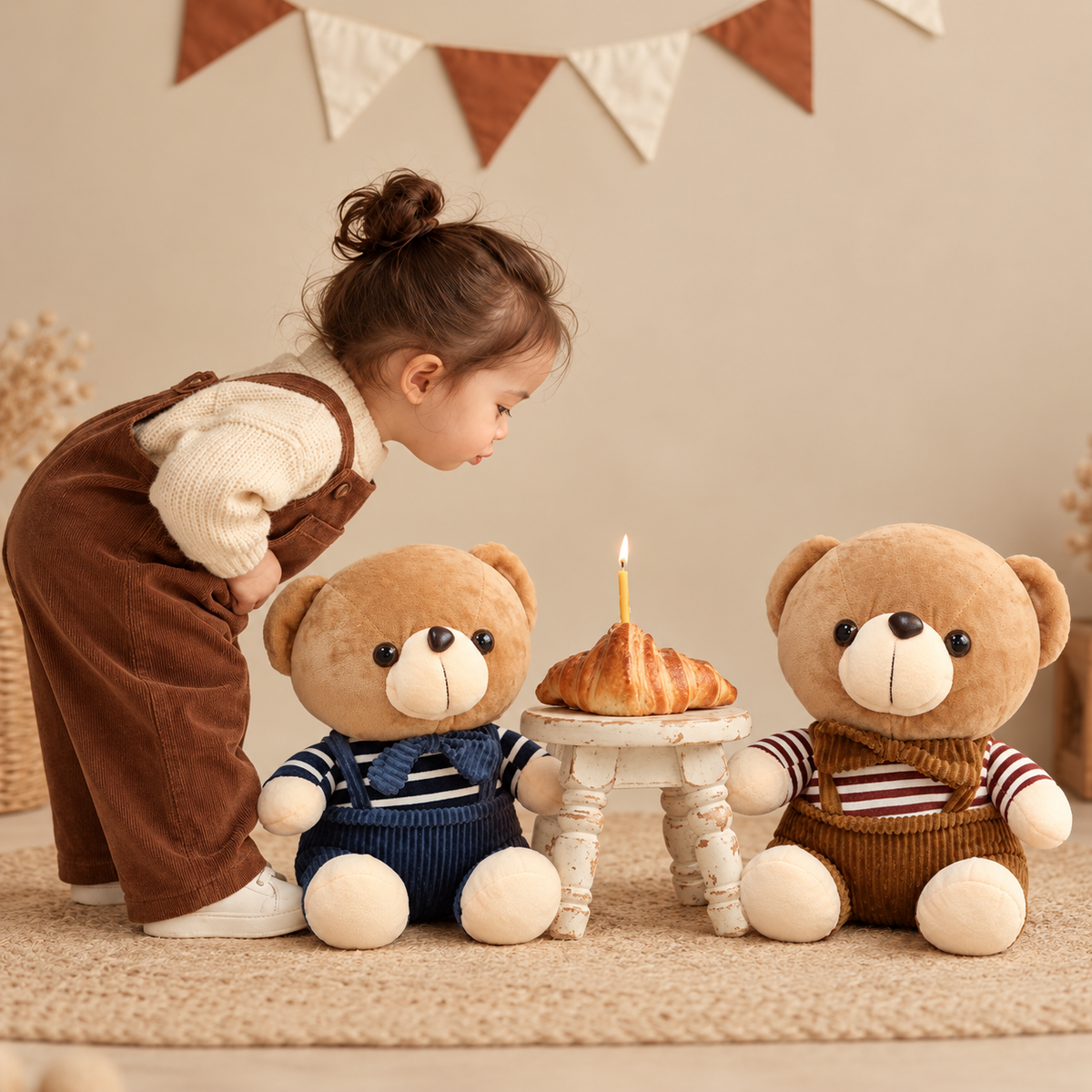 Blue and Brown bow tie overall teddy bears displayed beside a birthday pastry candle, with a child leaning towards the bears in a warm birthday scene.
