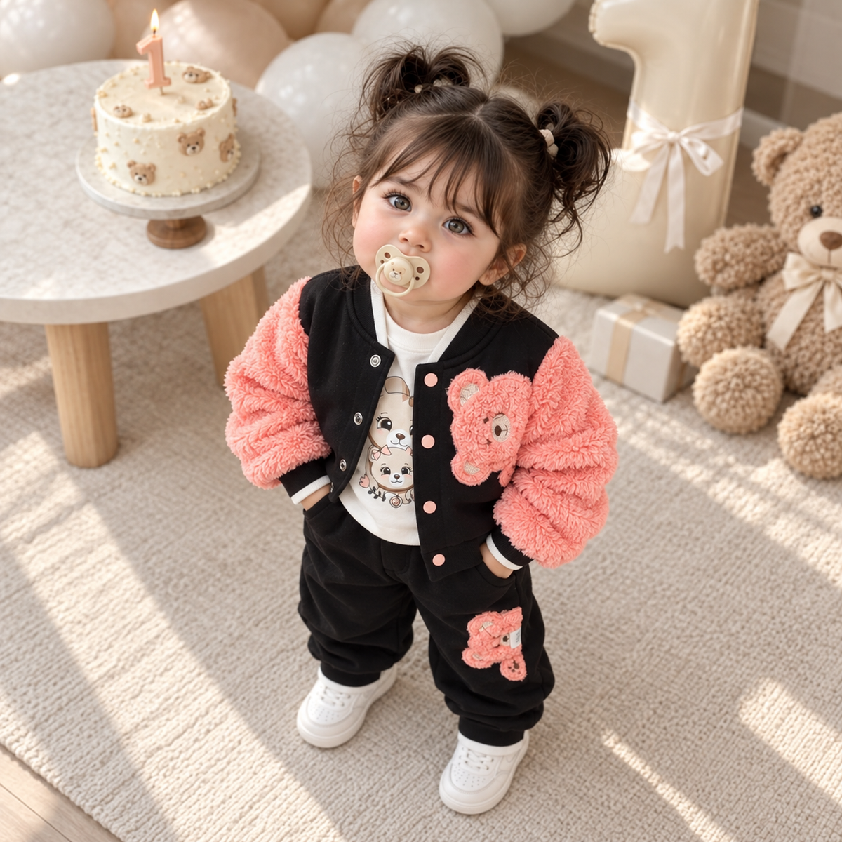 Baby girl wearing the Peach teddy shaggy sleeve jacket, teddy-print White shirt and Black jogger trouser 3-piece set at a first birthday party scene.