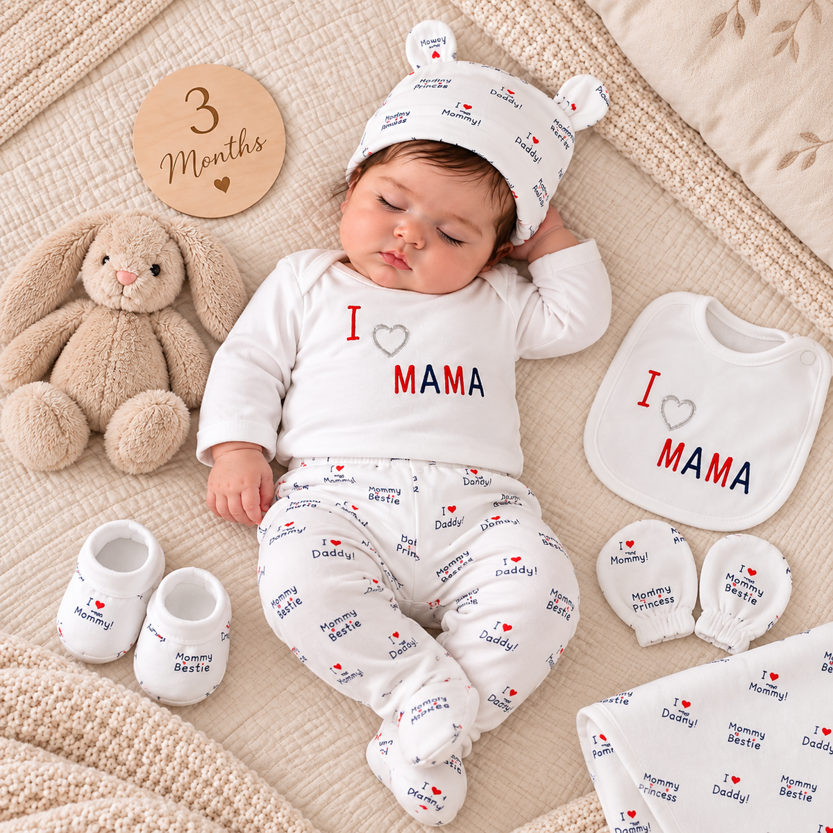 Three-month baby wearing the White I Love Mama long-sleeve shirt and family-print trousers, styled with matching ear-detail cap, booties, bib and mittens beside a milestone sign.