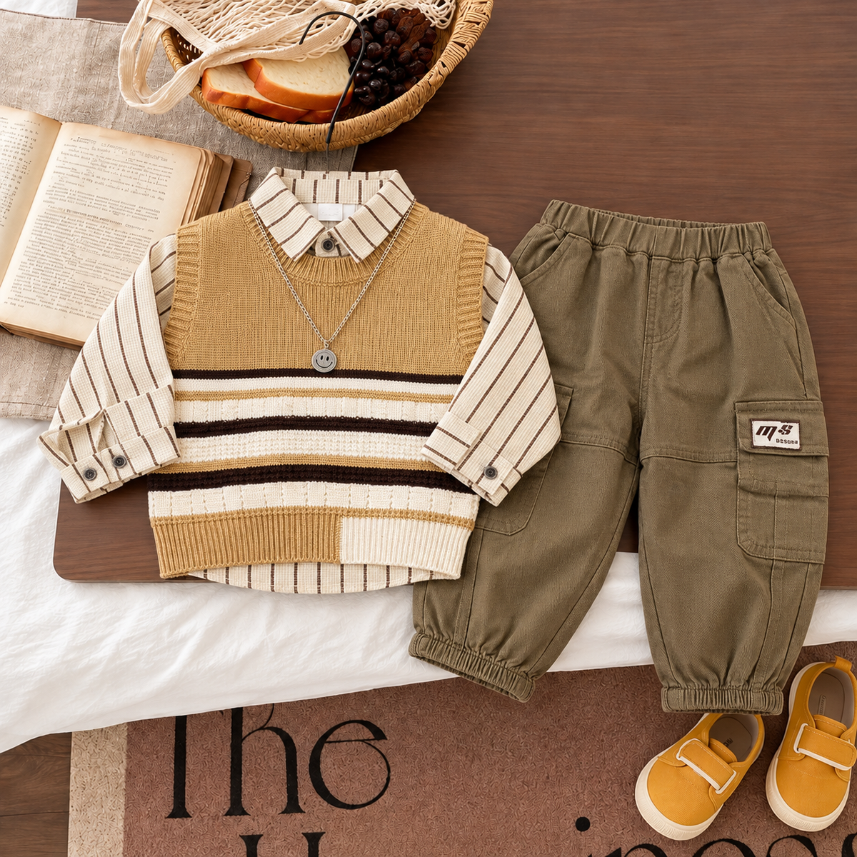 Flat lay of the boys Brown striped knit-look vest, Cream pinstriped shirt and elastic-waist Olive Green cargo trouser set, showing flap pocket details.