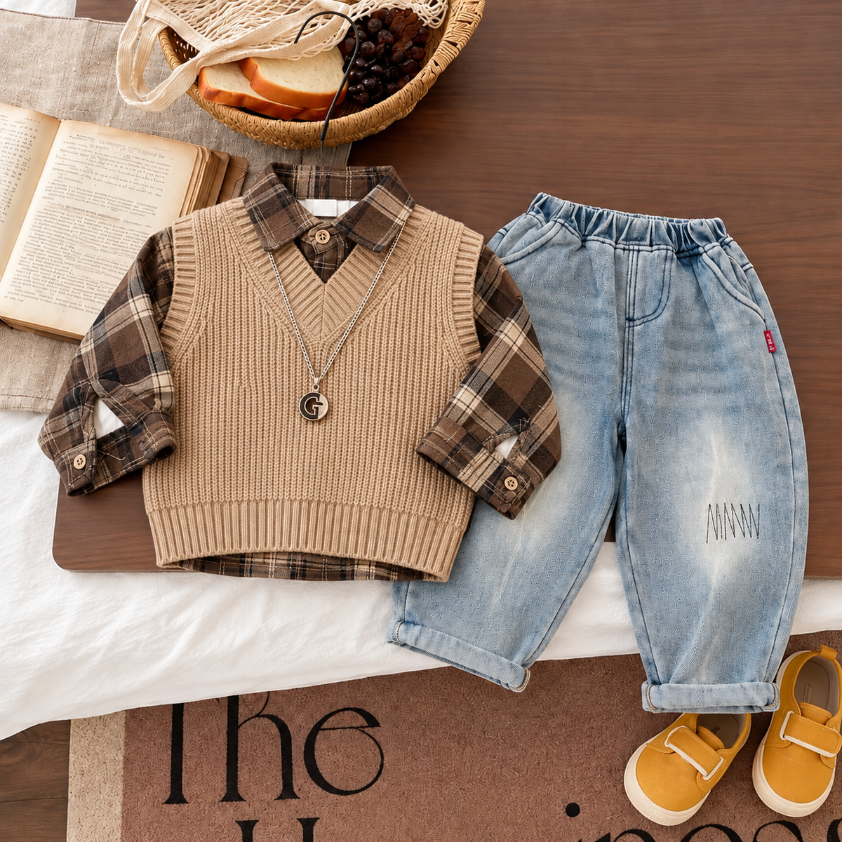 Brown ribbed V-neck knit-look vest, Brown check collared shirt and light Blue denim-look trousers shown in a styled flat lay.