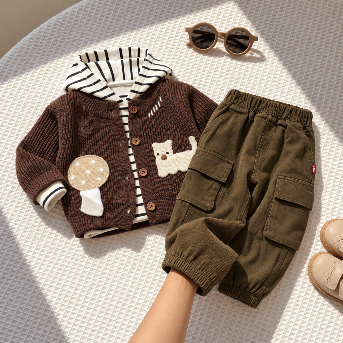 Flat lay of the boys Brown bear patch knit cardigan, Cream and Black striped hooded shirt, and Olive Green flap-pocket cargo trousers.