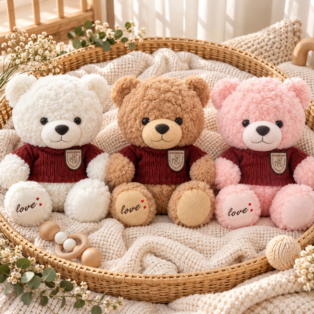 Three premium teddy bear soft toys in White, Brown and Pink arranged in a wicker basket, each wearing a Maroon sweater and showing love-embroidered foot pads.